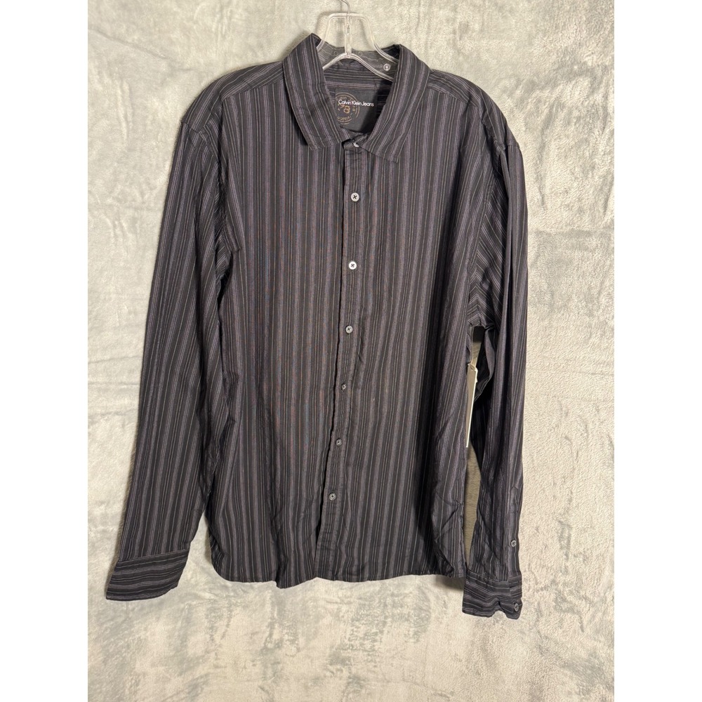 Calvin Klein Jeans Mens Black Pinstripe Button Down Shirt MG39T56 Large NWT